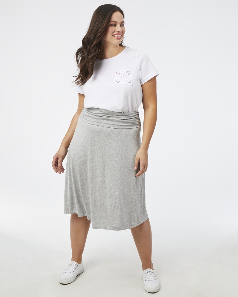 Plus size model with hourglass body shape wearing Eva Embroiderd Graphic Tee by Cameo | Dia&Co | dia_product_style_image_id:158248